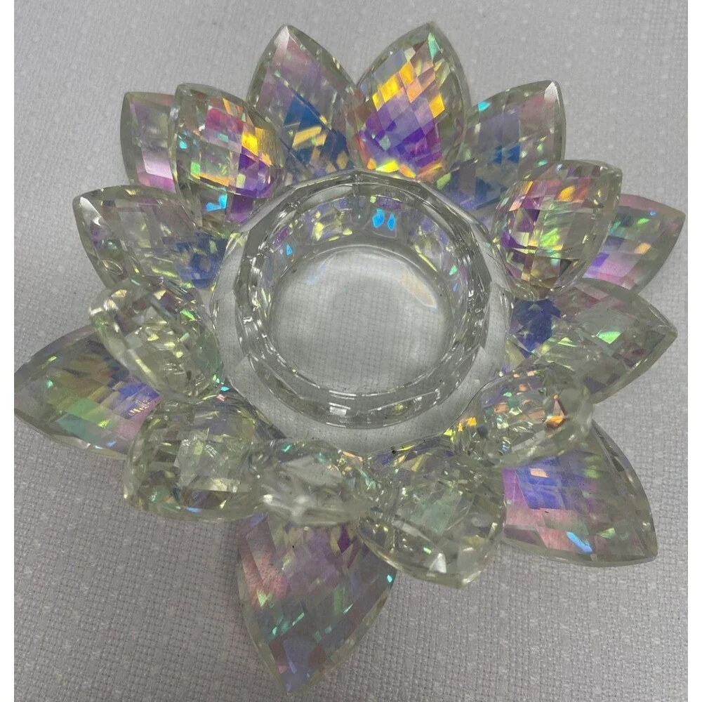 Iridescent Crystal Lotus Flower Candle Holder Rainbow Prism Boho Spiritual Decor